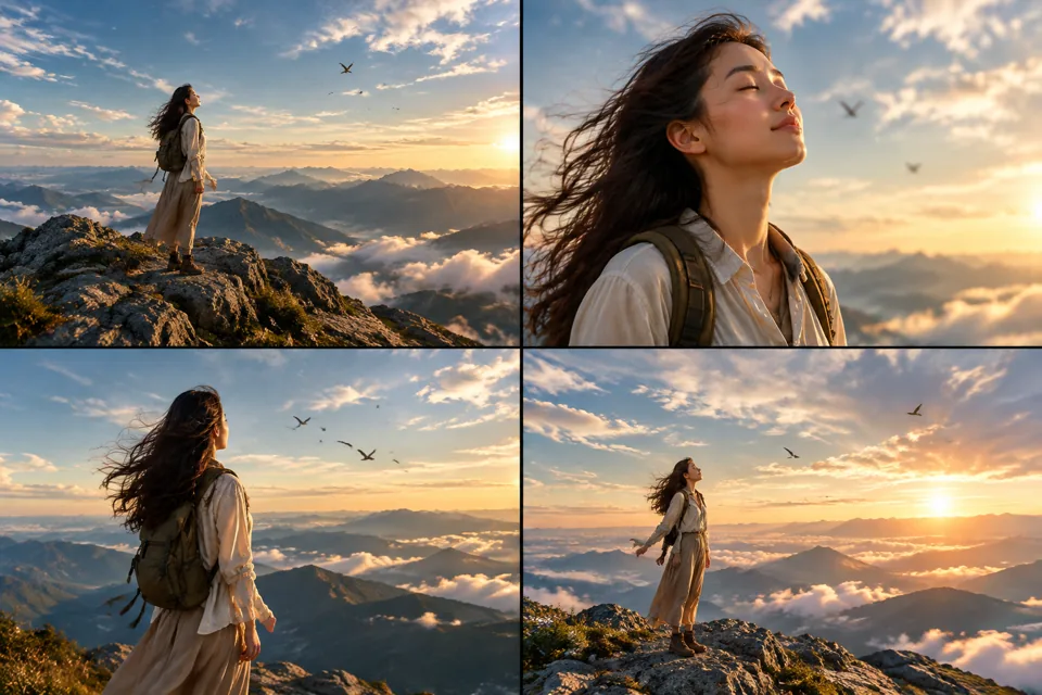 山顶女性呼吸(图生视频)的分镜预览