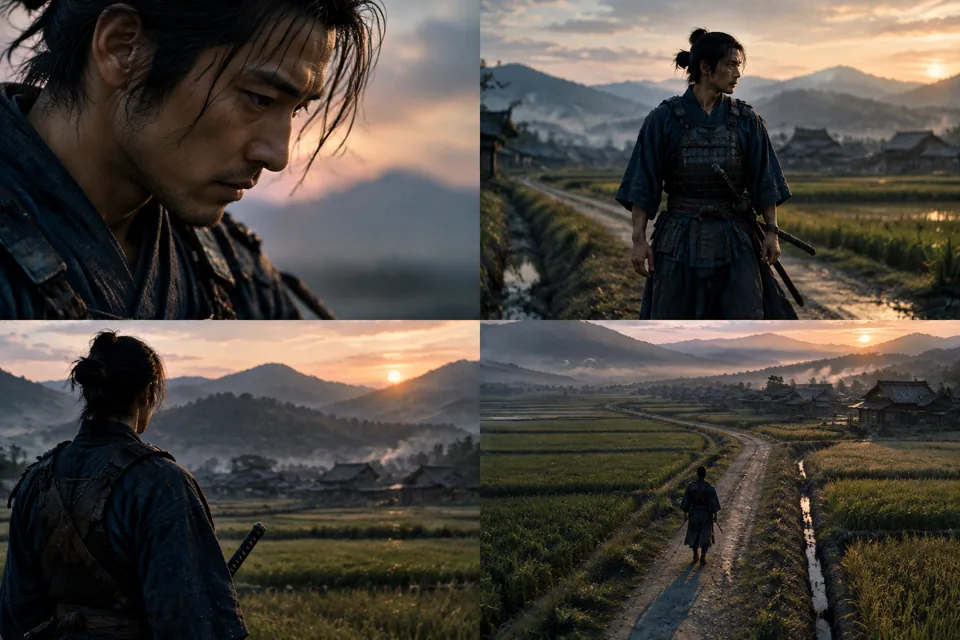 Samurai 3×3 多角度网格(角色一致性源)的分镜预览