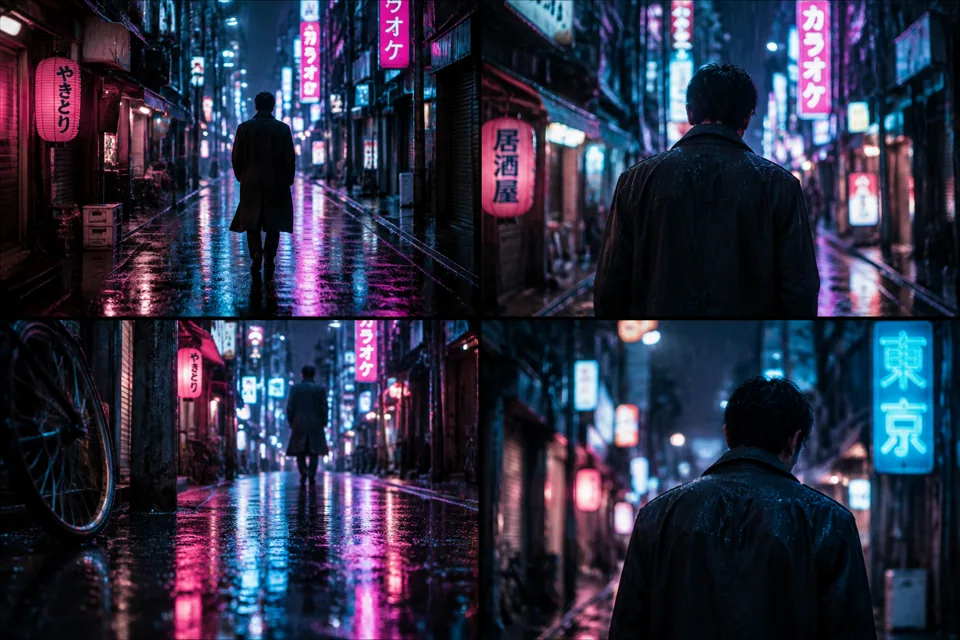 Pika 电影感模板（雨夜霓虹）的分镜预览