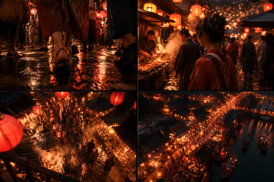 东南亚夜市不可能运镜(ground-to-aerial)的分镜预览