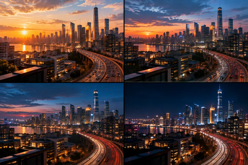 城市天际线日转夜延时（建筑节奏）的分镜预览