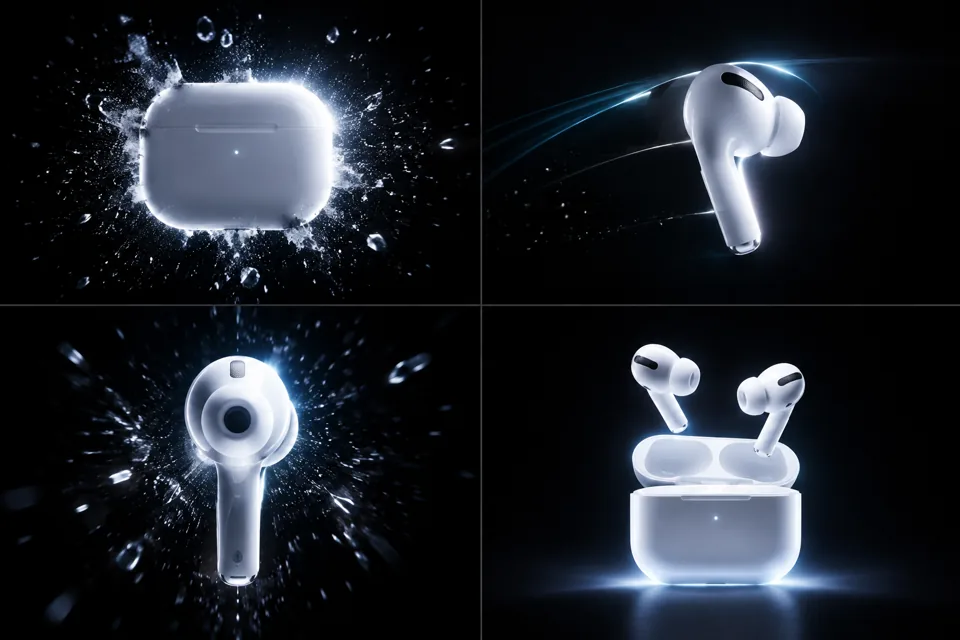 Apple AirPods爆炸式展现视频提示词的分镜预览