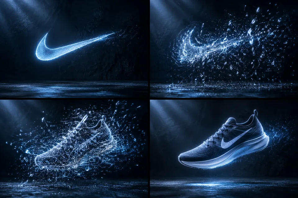 Nike Swoosh粒子组装运动鞋视频提示词的分镜预览